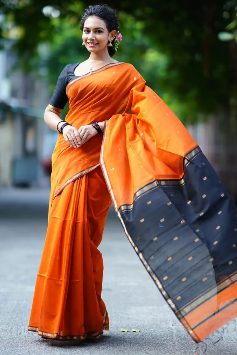 Dazzling Orange Cotton Silk Saree With Girlish Blouse Piece