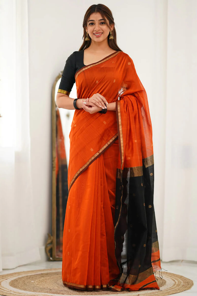 Twirling Orange Cotton Silk Saree With Beauteous Blouse Piece