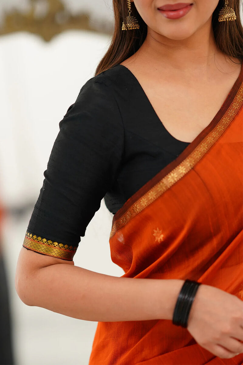 Twirling Orange Cotton Silk Saree With Beauteous Blouse Piece