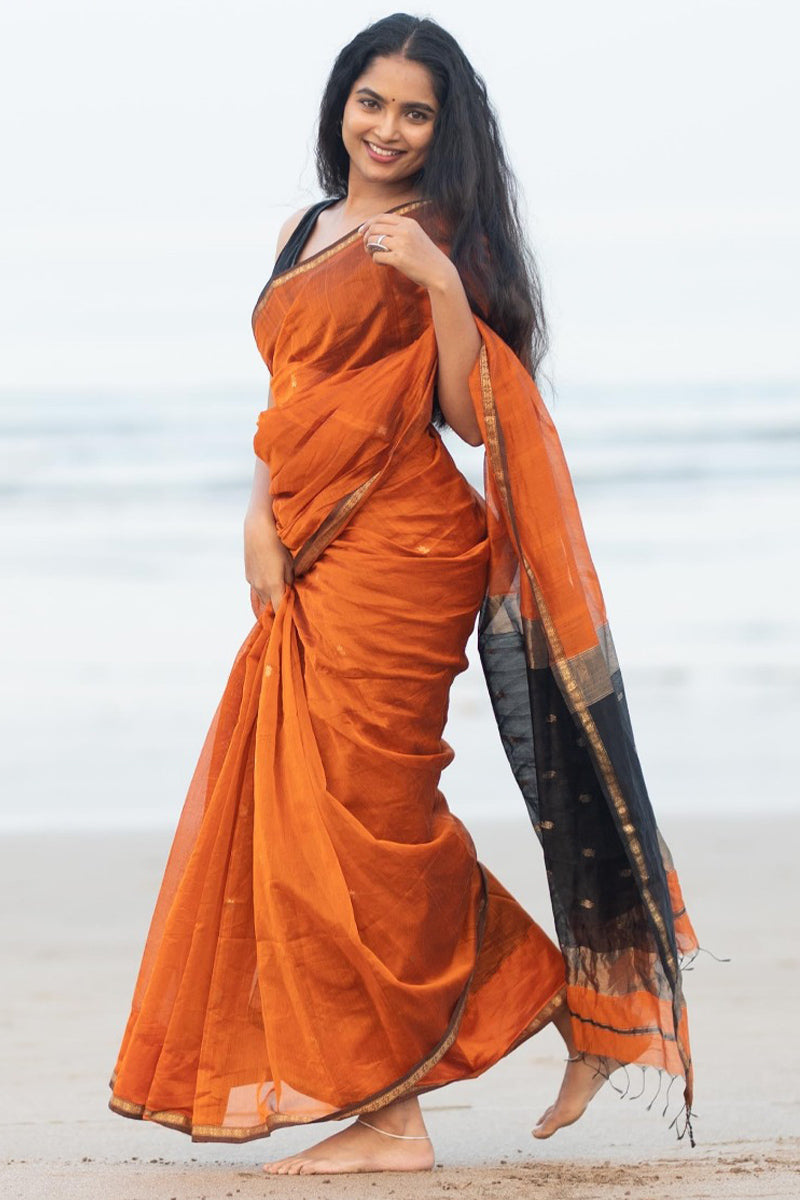 Ebullience Orange Cotton Silk Saree With Winsome Blouse Piece