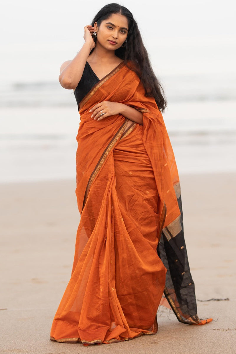 Ebullience Orange Cotton Silk Saree With Winsome Blouse Piece