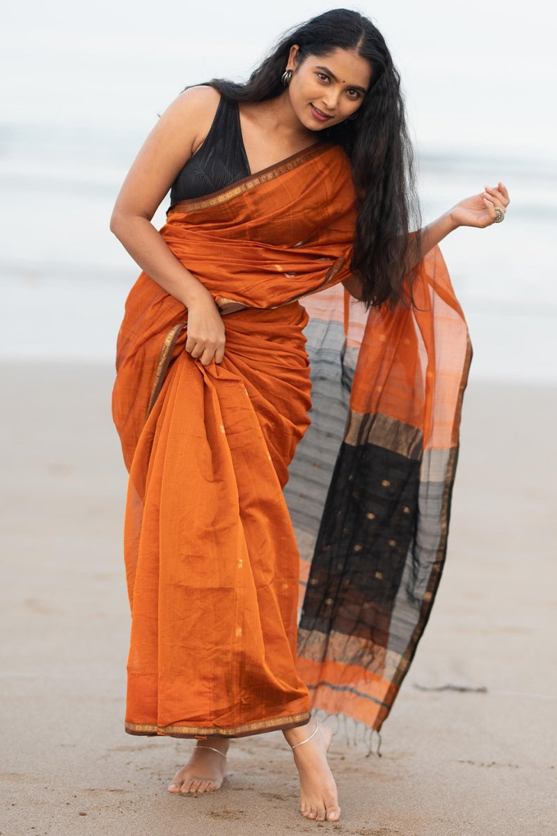 Ebullience Orange Cotton Silk Saree With Winsome Blouse Piece