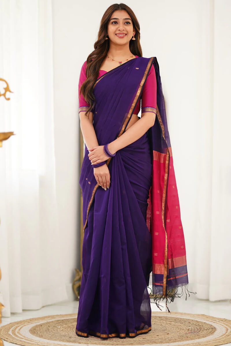 Propinquity Purple Cotton Silk Saree With Staggering Blouse Piece