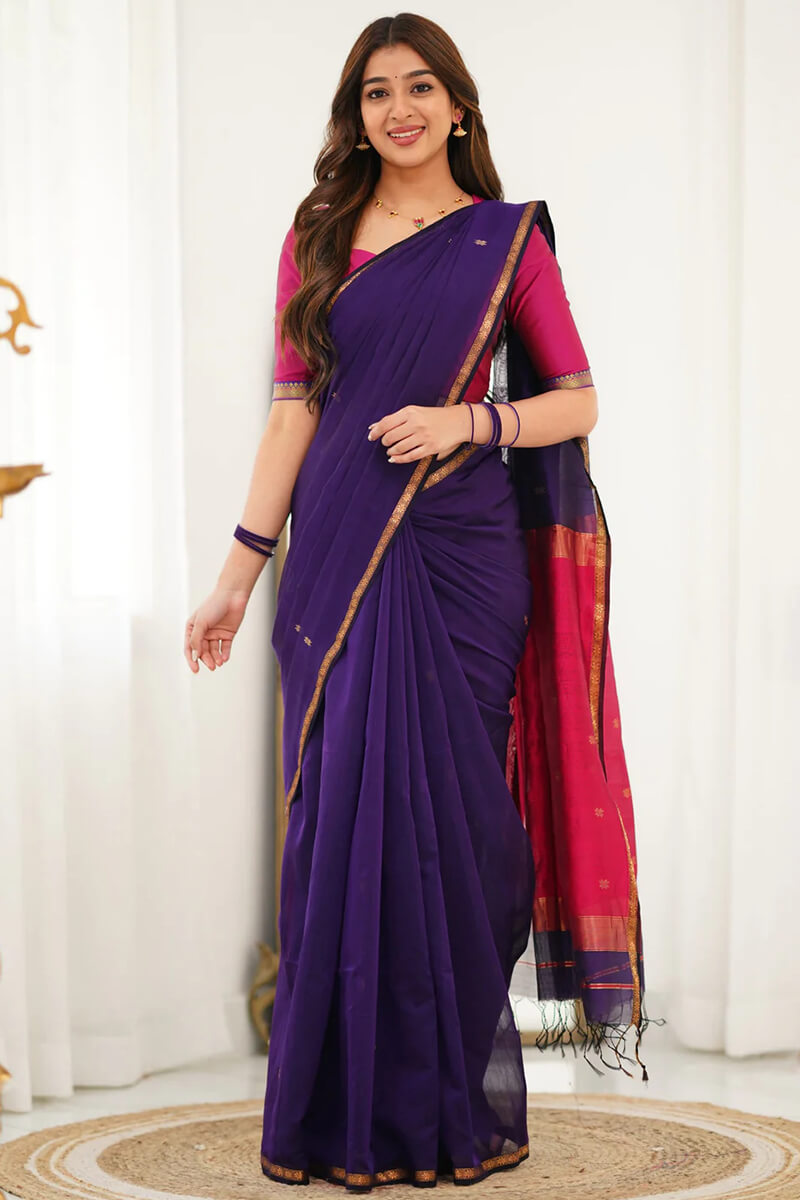 Propinquity Purple Cotton Silk Saree With Staggering Blouse Piece