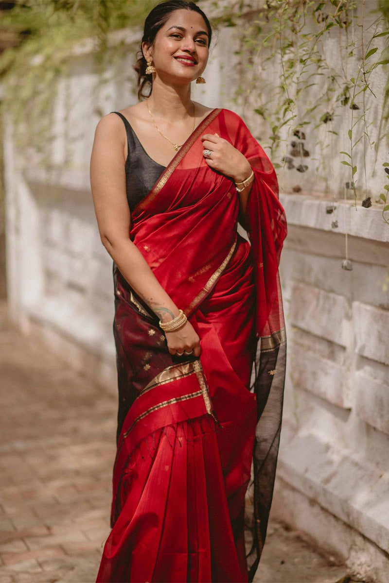 Mesmeric Red Cotton Silk Saree With Invaluable Blouse Piece