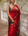 Mesmeric Red Cotton Silk Saree With Invaluable Blouse Piece