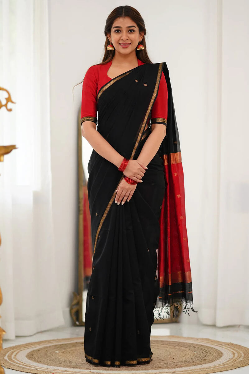 Eclat Black Cotton Silk Saree With Sonorous Blouse Piece