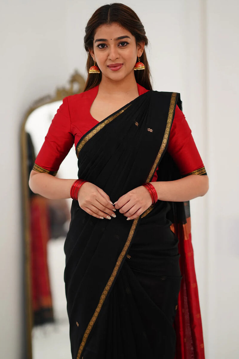 Eclat Black Cotton Silk Saree With Sonorous Blouse Piece