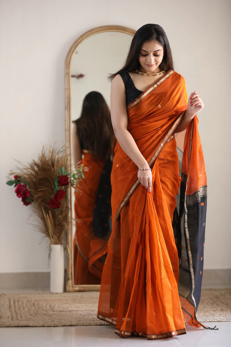 Seraphic Orange Cotton Silk Saree With Prodigal Blouse Piece