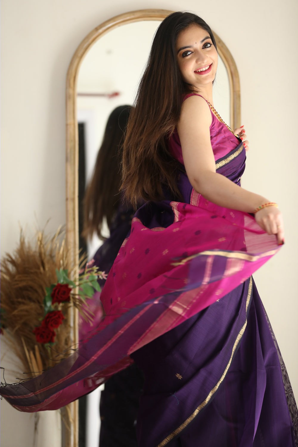 Beguiling Purple Cotton Silk Saree With Luminous Blouse Piece