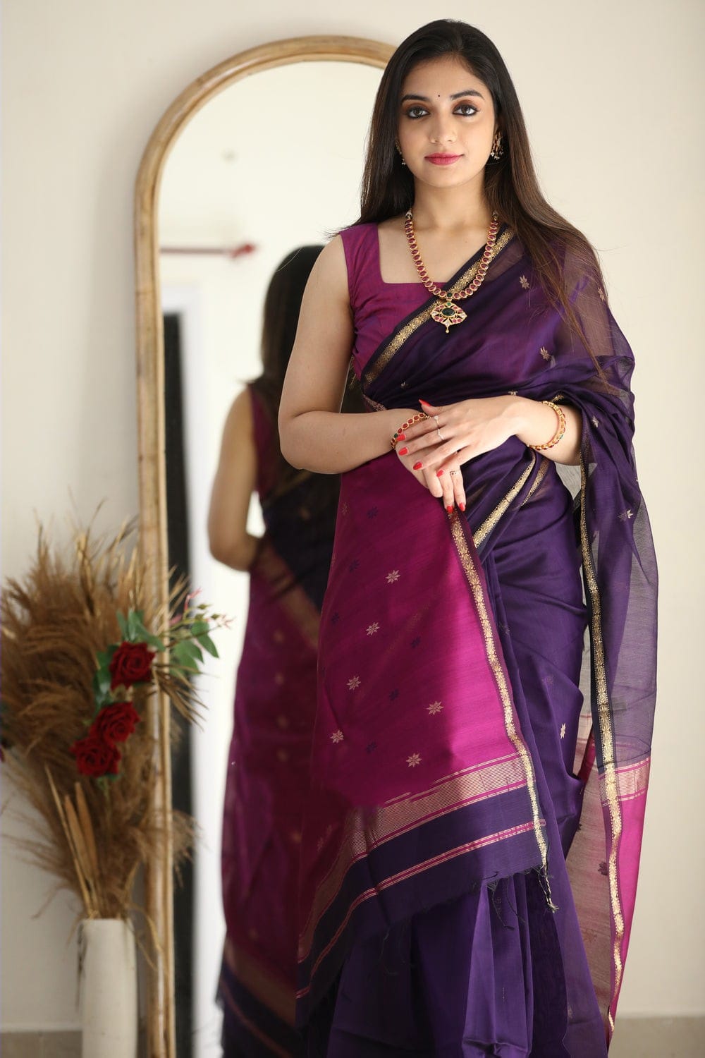 Beguiling Purple Cotton Silk Saree With Luminous Blouse Piece