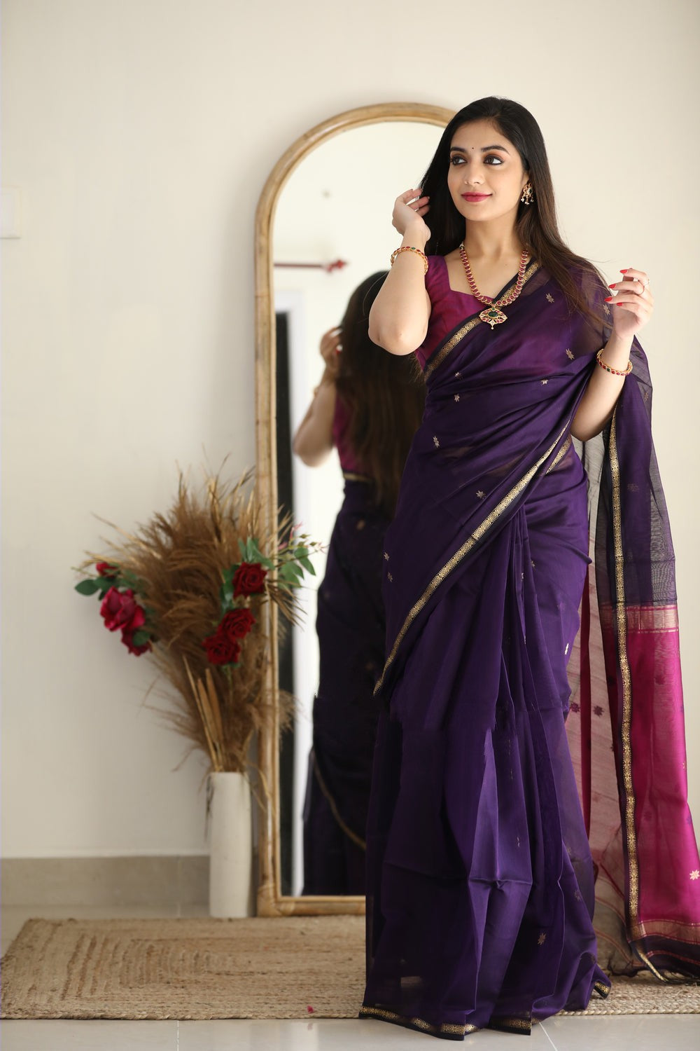 Beguiling Purple Cotton Silk Saree With Luminous Blouse Piece