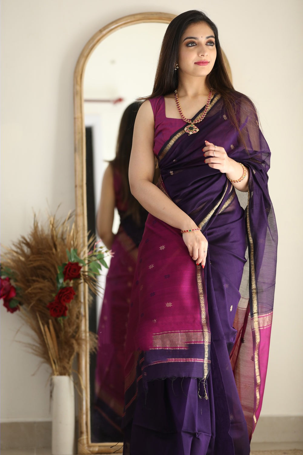 Beguiling Purple Cotton Silk Saree With Luminous Blouse Piece