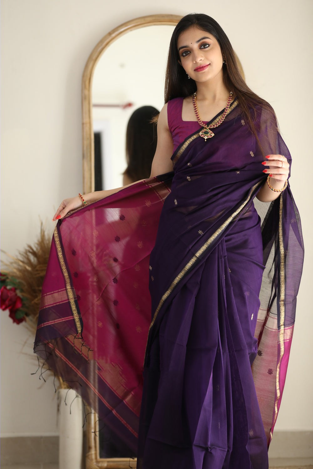 Beguiling Purple Cotton Silk Saree With Luminous Blouse Piece