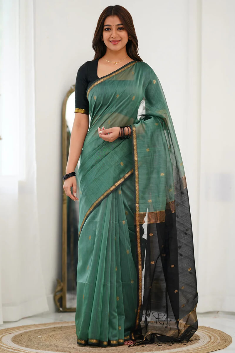 Demesne Sea Green Cotton Silk Saree With Forbearance Blouse Piece