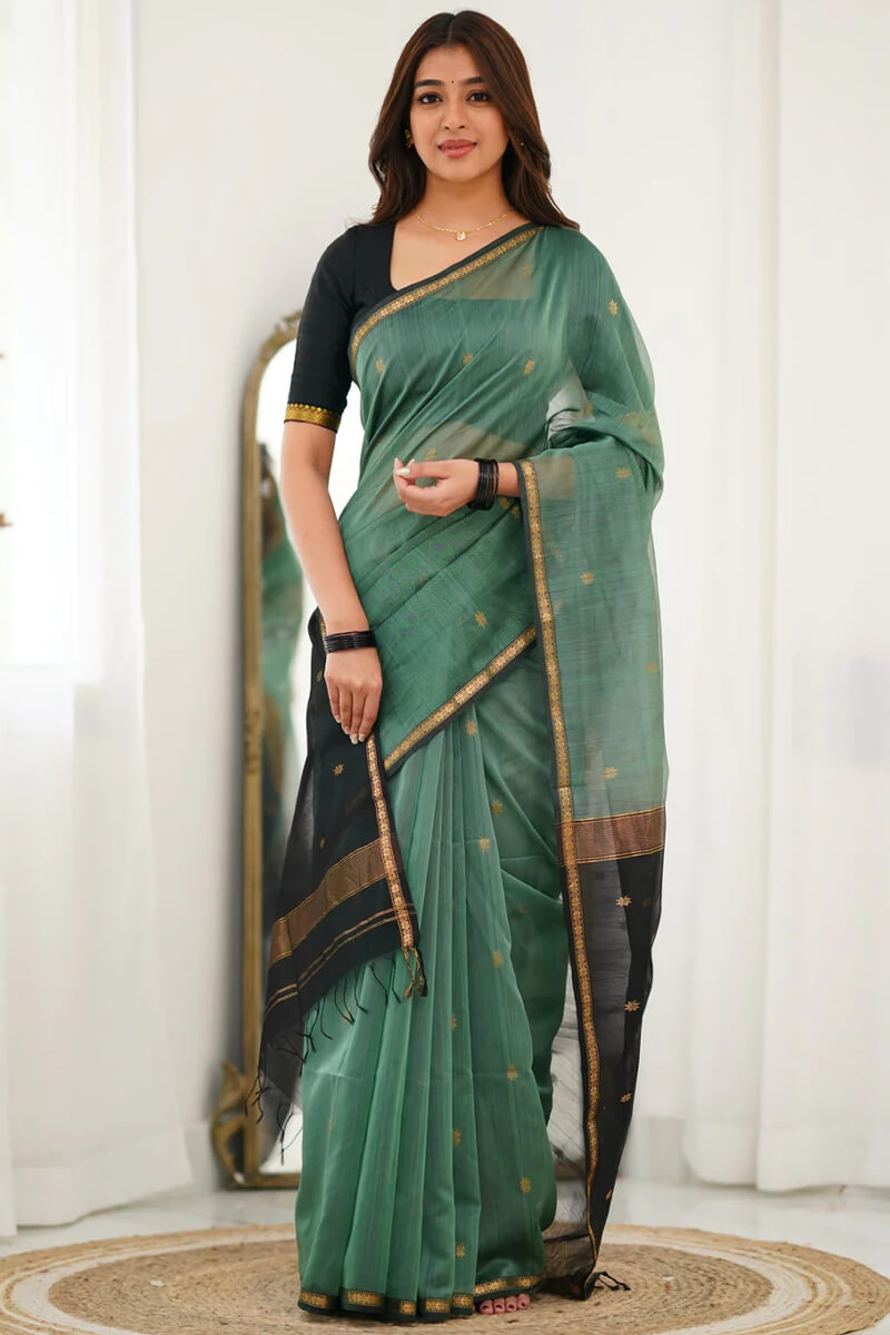 Demesne Sea Green Cotton Silk Saree With Forbearance Blouse Piece