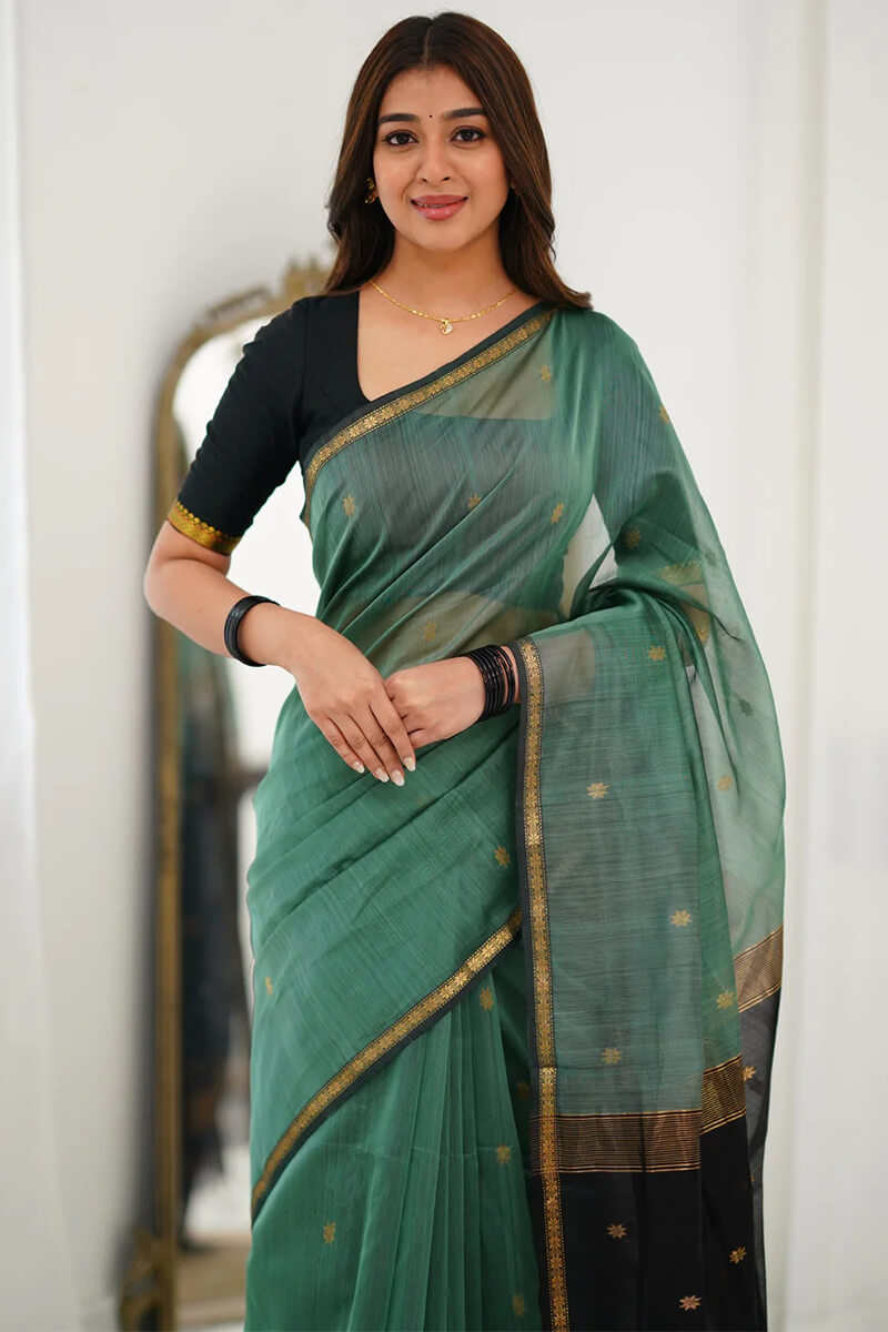 Demesne Sea Green Cotton Silk Saree With Forbearance Blouse Piece