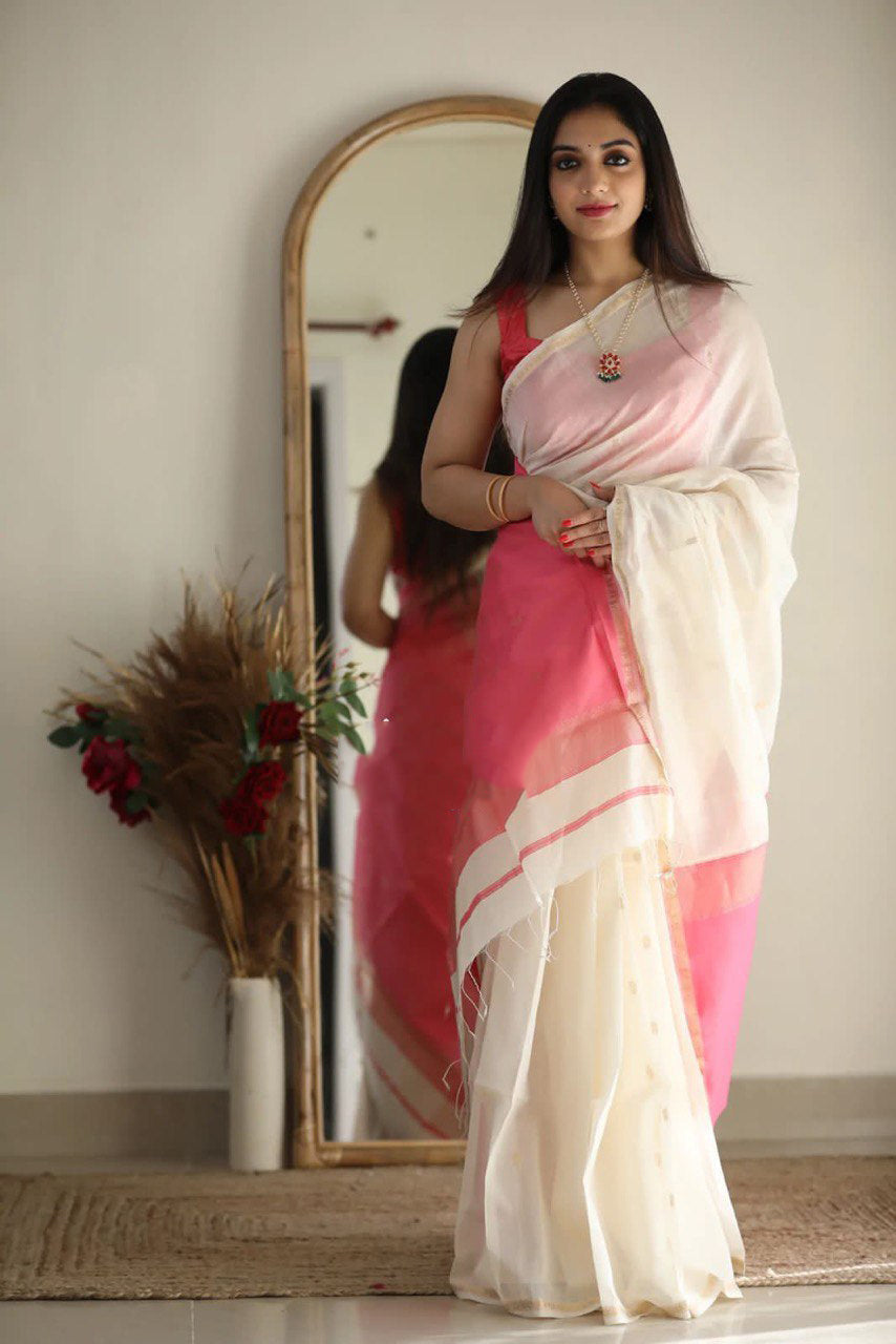 Staring White Cotton Silk Saree With Intricate Blouse Piece