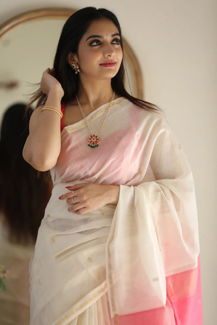 Staring White Cotton Silk Saree With Intricate Blouse Piece