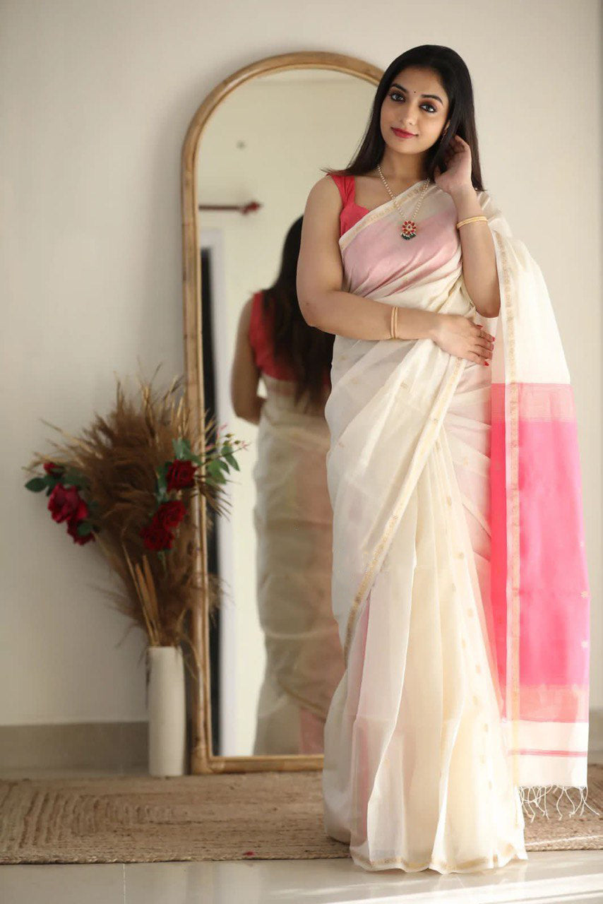 Staring White Cotton Silk Saree With Intricate Blouse Piece