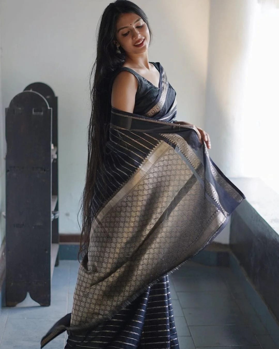 Dalliance Black Soft Banarasi Silk Saree With Effervescent Blouse Piece