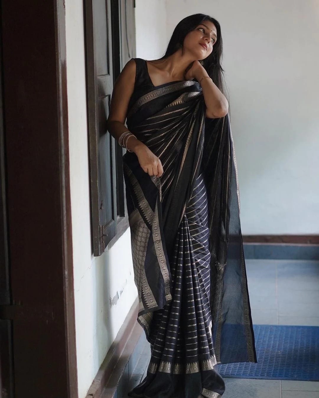 Dalliance Black Soft Banarasi Silk Saree With Effervescent Blouse Piece