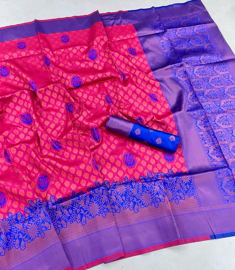 Gossamer Dark Pink Soft Banarasi Silk Saree With Quintessential Blouse Piece