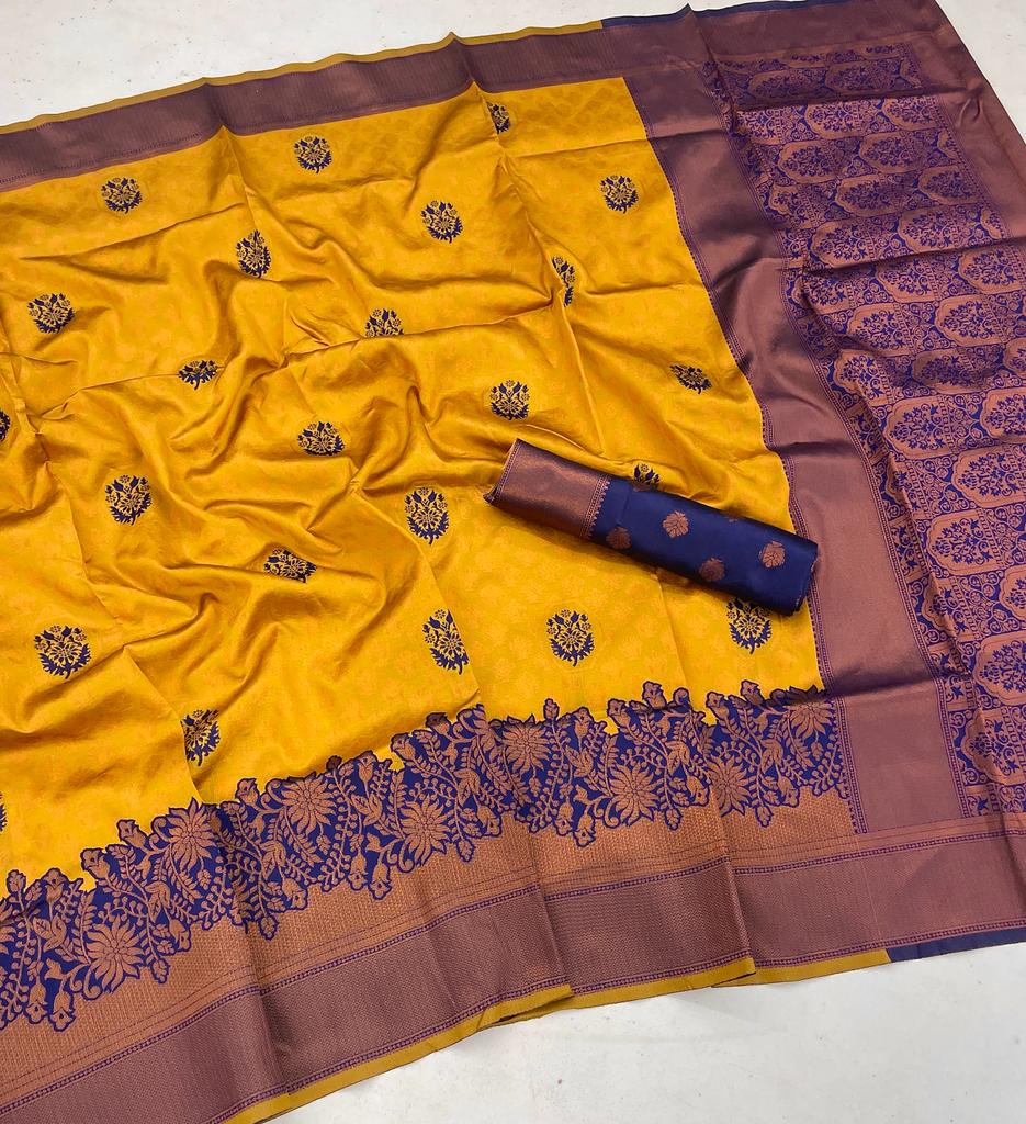 Effervescent Mustard Soft Banarasi Silk Saree With Improbable Blouse Piece