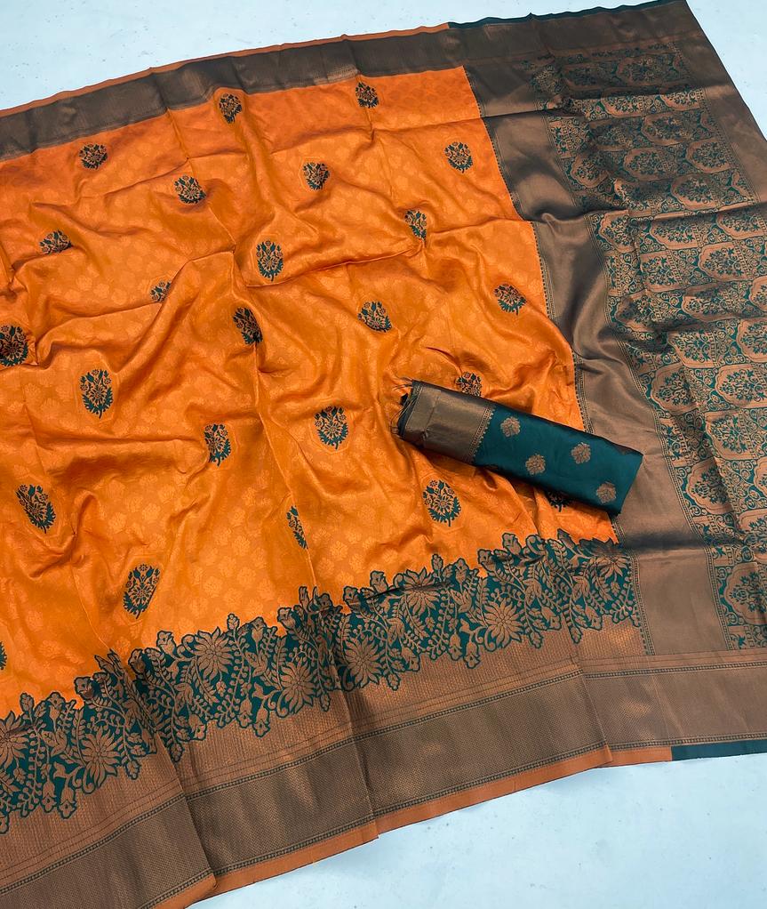 Evocative Orange Soft Banarasi Silk Saree With Adorning Blouse Piece