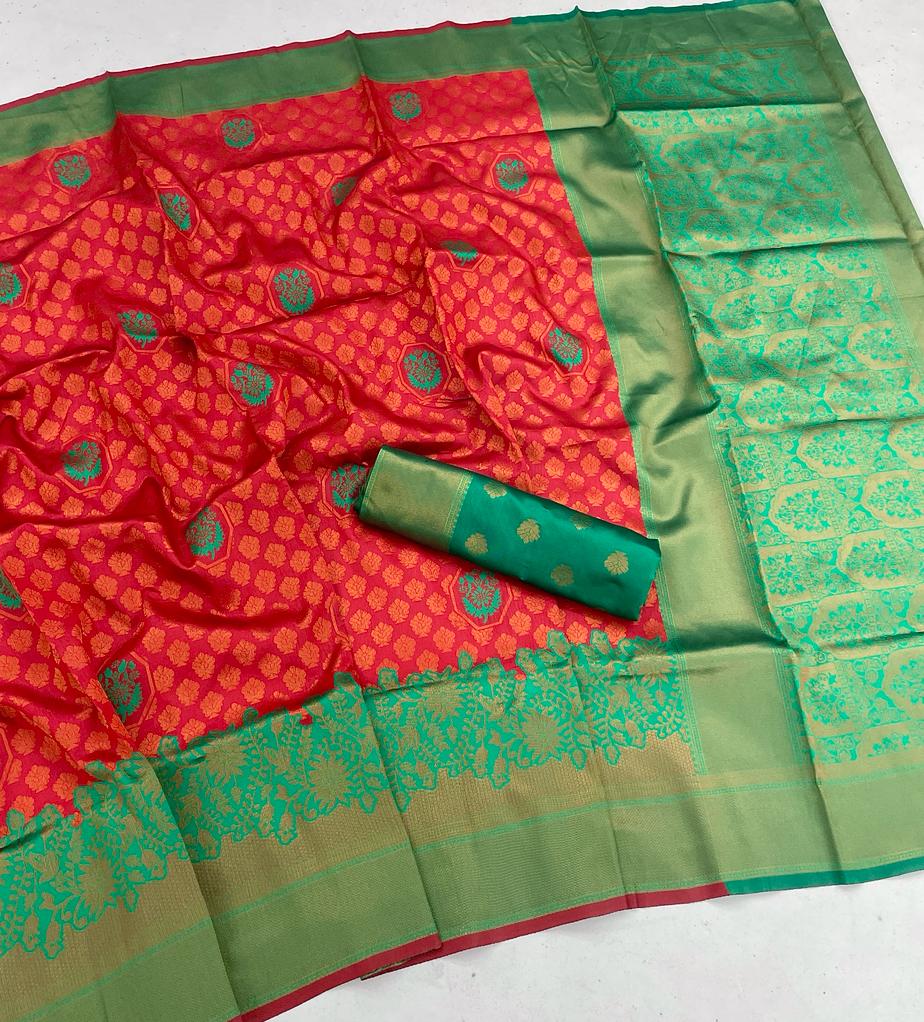 Classic Red Soft Banarasi Silk Saree With Artistic Blouse Piece