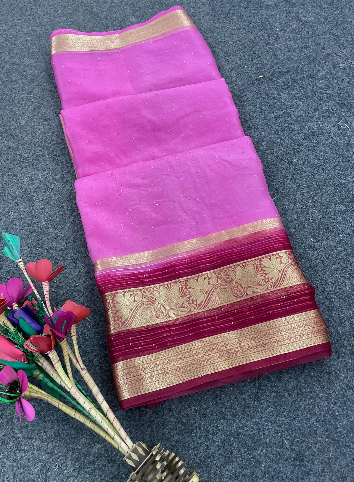 Smashing Dark Pink Organza Silk Saree With Gleaming Blouse Piece