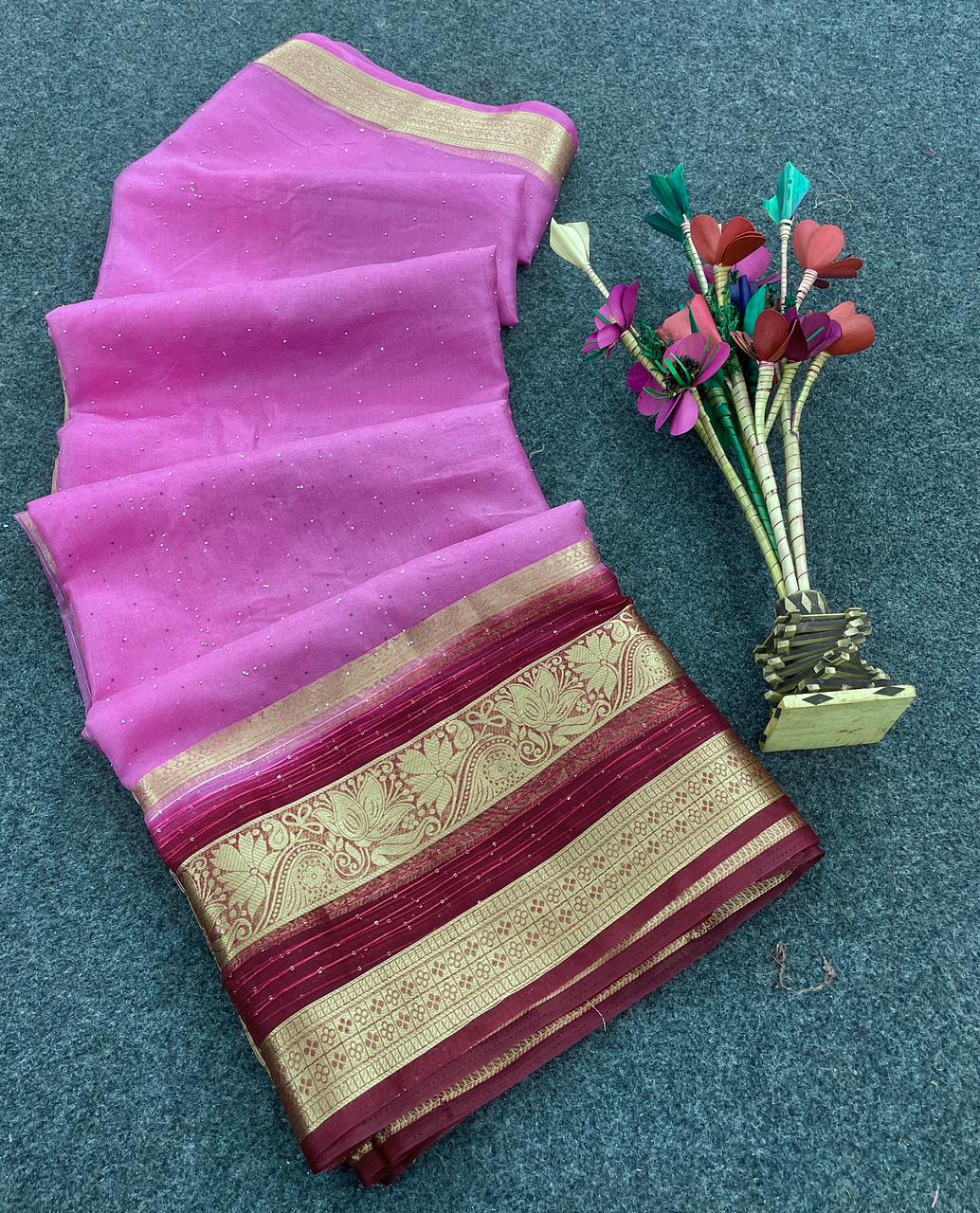 Smashing Dark Pink Organza Silk Saree With Gleaming Blouse Piece