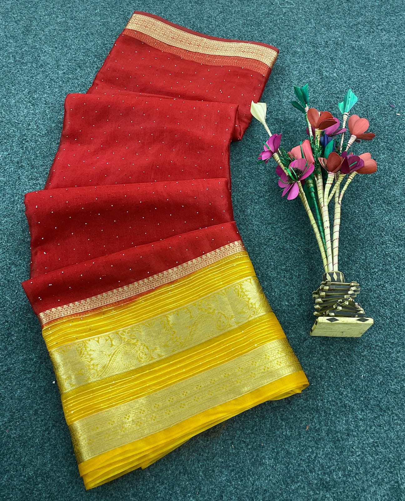 Supernal Red Organza Silk Saree With Glorious Blouse Piece