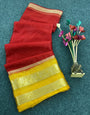 Supernal Red Organza Silk Saree With Glorious Blouse Piece