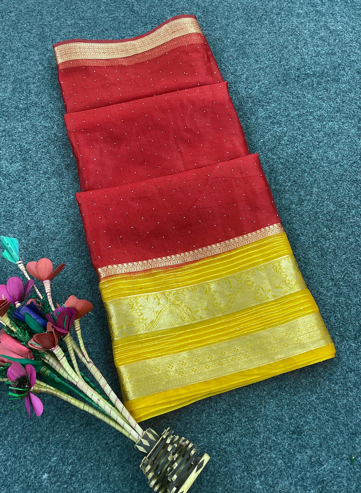 Supernal Red Organza Silk Saree With Glorious Blouse Piece