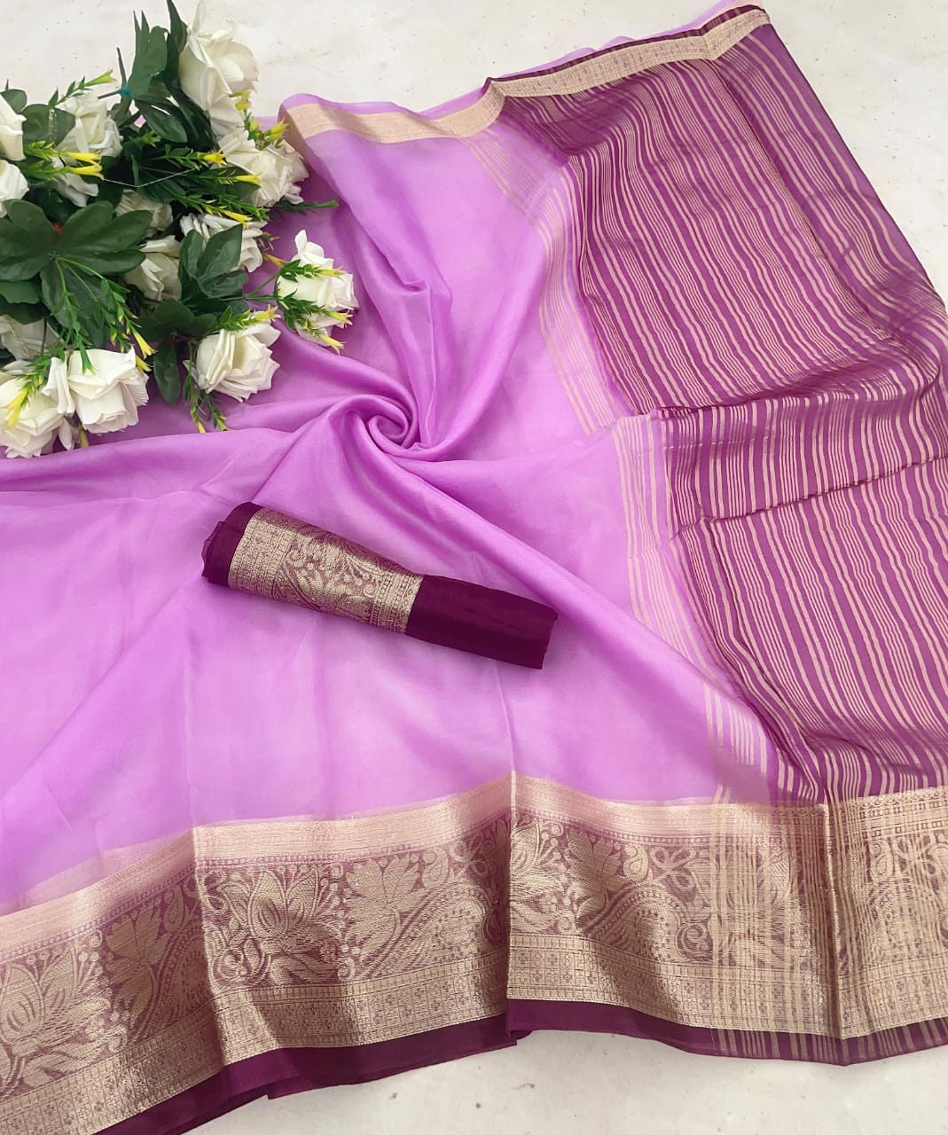 Panoply Lavender Organza Silk Saree With Arresting Blouse Piece