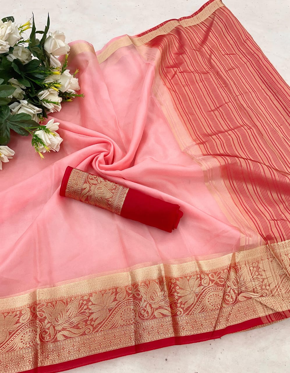 Pulsating Pink Organza Silk Saree With Prodigal Blouse Piece