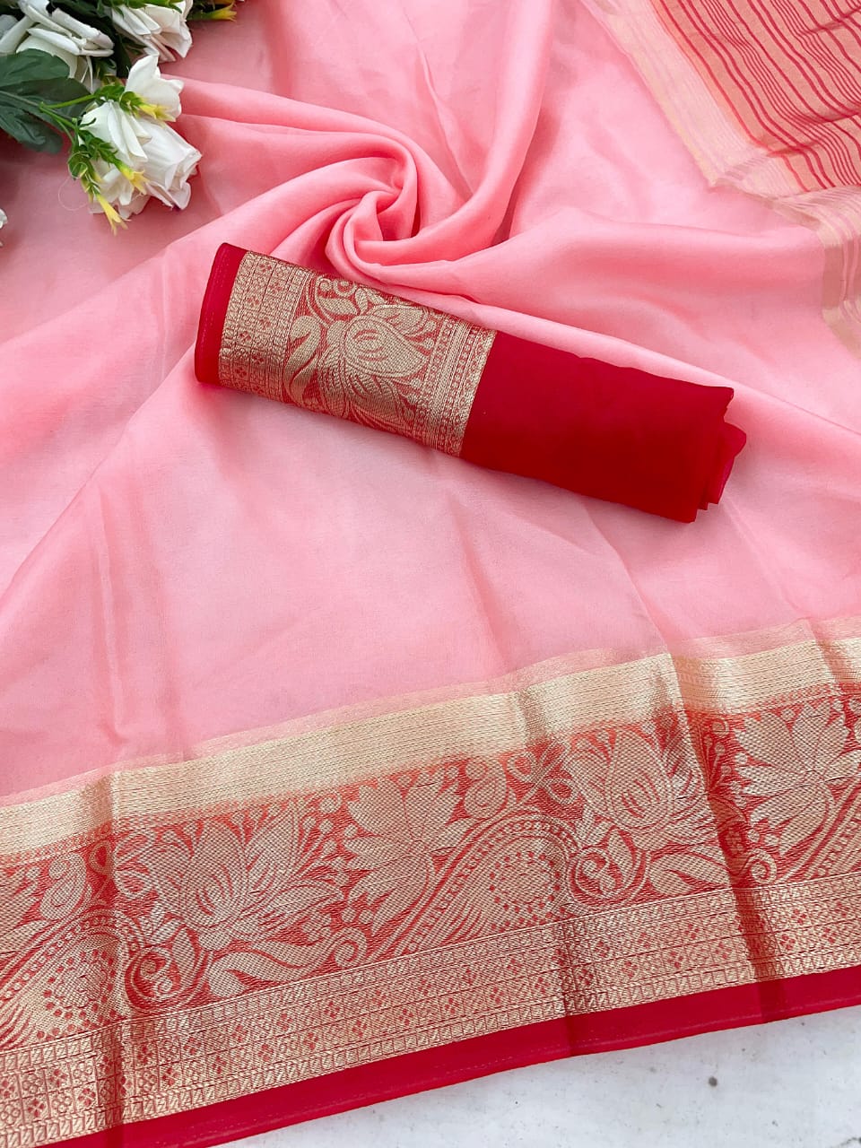 Pulsating Pink Organza Silk Saree With Prodigal Blouse Piece