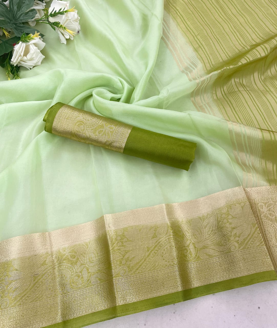 Tempting Pista Organza Silk Saree With Elision Blouse Piece