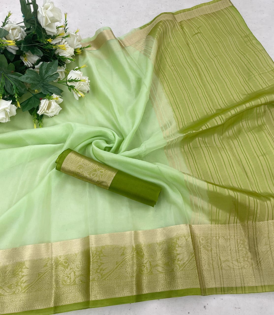 Tempting Pista Organza Silk Saree With Elision Blouse Piece