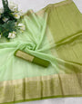 Tempting Pista Organza Silk Saree With Elision Blouse Piece