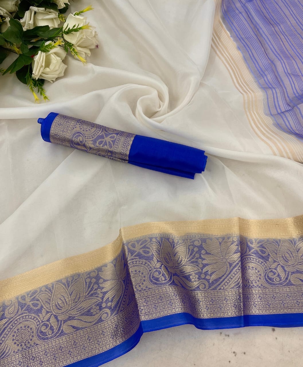 Radiant White And Blue Organza Silk Saree With Glorious Blouse Piece