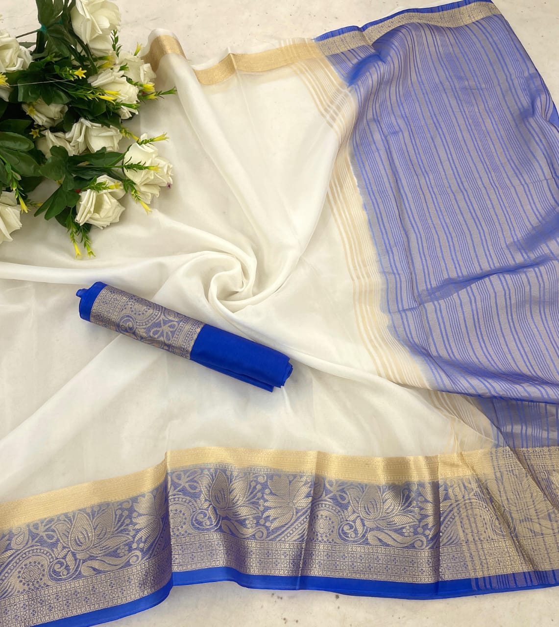 Radiant White And Blue Organza Silk Saree With Glorious Blouse Piece