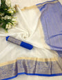 Radiant White And Blue Organza Silk Saree With Glorious Blouse Piece