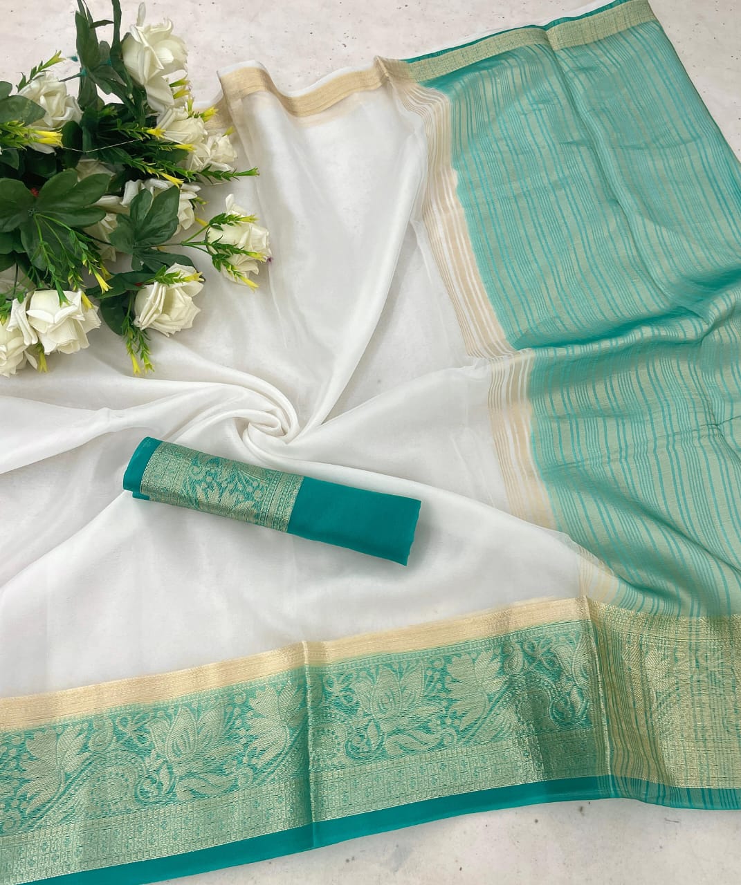 Blissful White And Firozi Organza Silk Saree With Confounding Blouse Piece