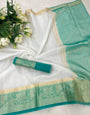 Blissful White And Firozi Organza Silk Saree With Confounding Blouse Piece