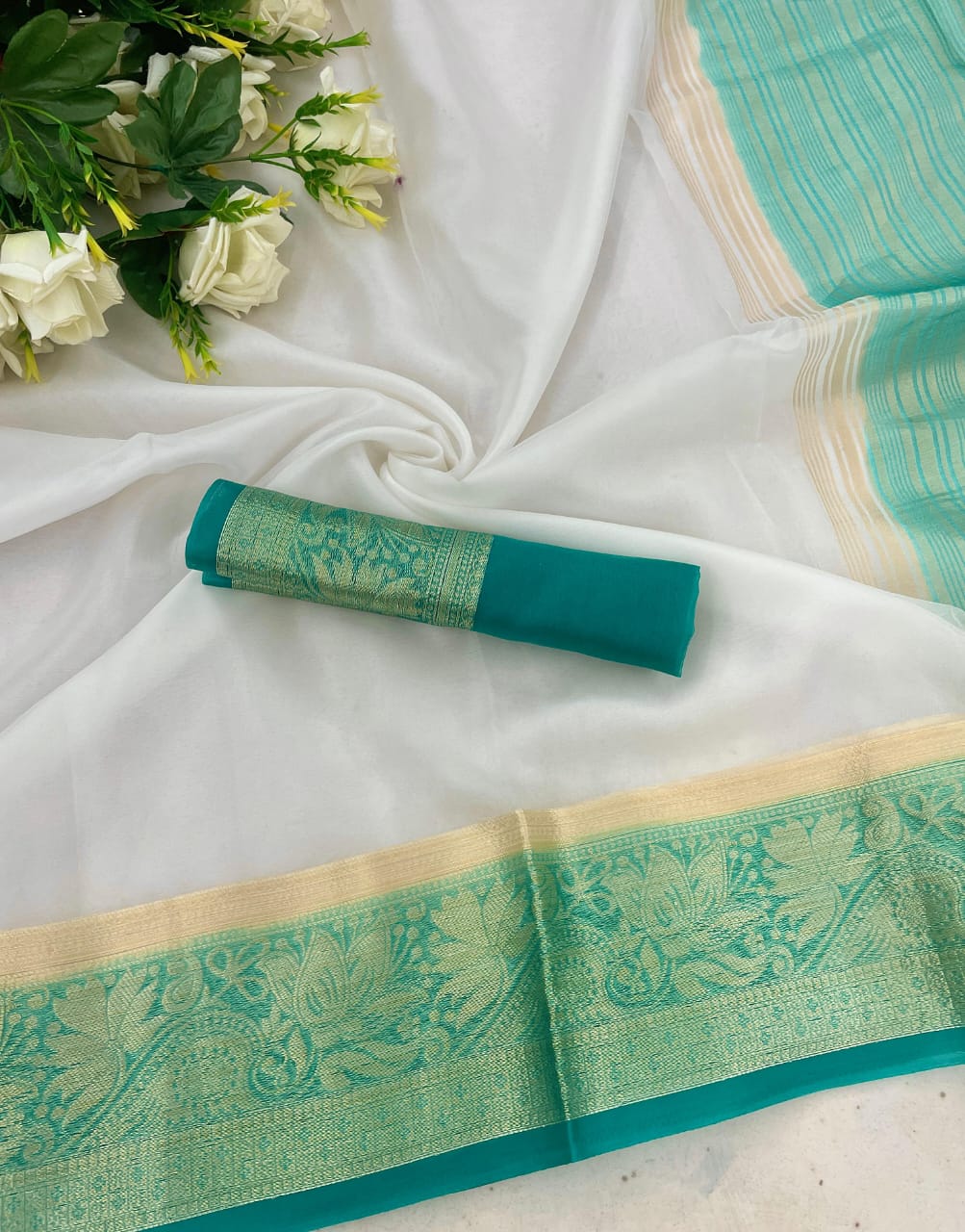 Blissful White And Firozi Organza Silk Saree With Confounding Blouse Piece