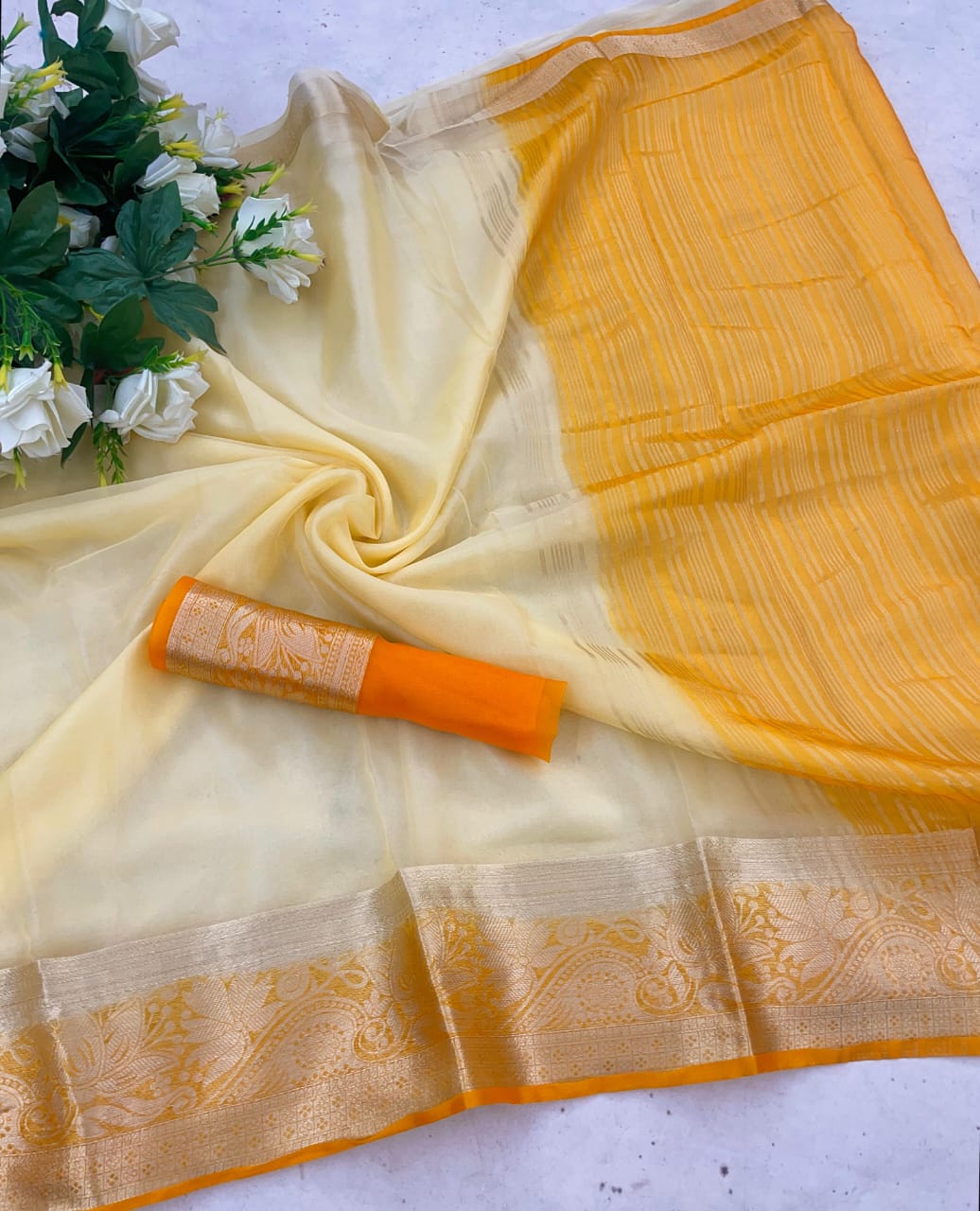 Effervescent White And Orange Organza Silk Saree With Eye-catching Blouse Piece