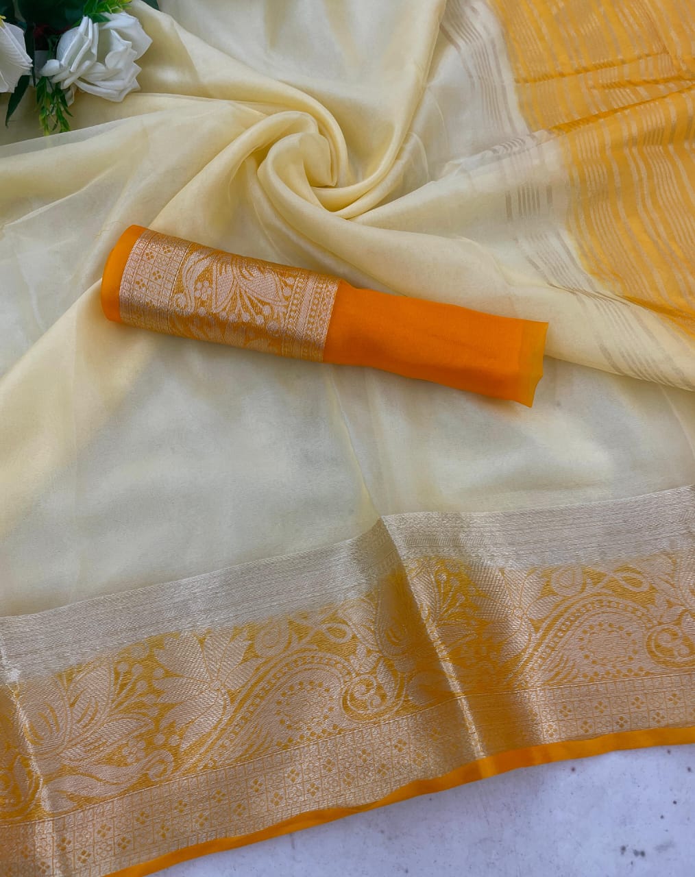 Effervescent White And Orange Organza Silk Saree With Eye-catching Blouse Piece