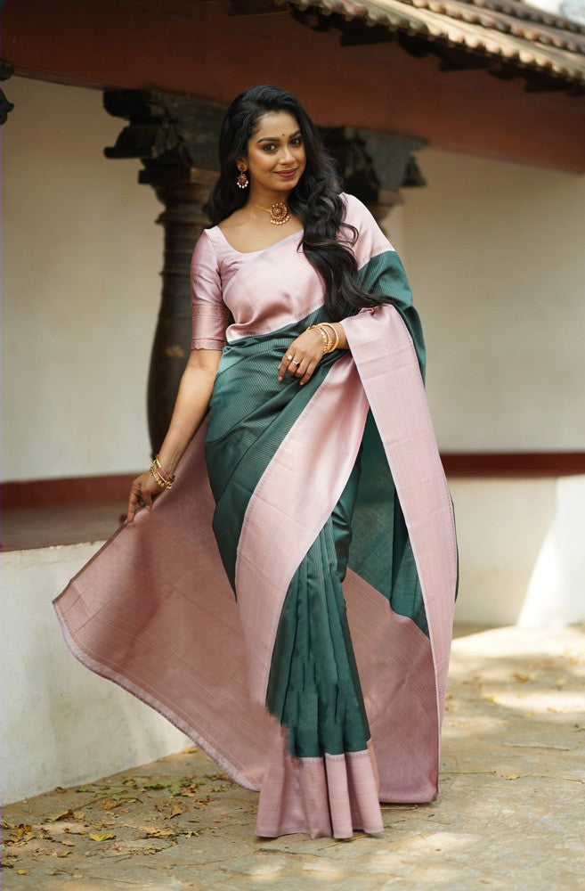 Comely Dark Green Soft Silk Saree With Pretty Blouse Piece